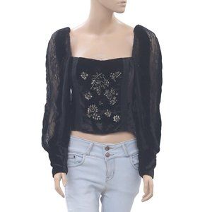 Uterque Velvet Embellished Lace Blouse Cropped Top Black Long Sleeve S